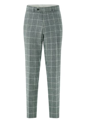 Graue, maßgeschneiderte Hose mit weißem Karomuster im Fensterformat, Vorderknopf und Gürtelschlaufen, auf weißem Hintergrund dargestellt.