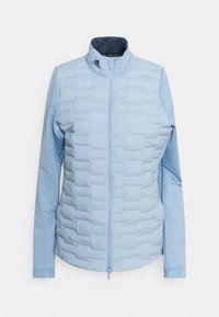 Vaaleansininen eristettävä takki, jossa on vetoketjukiinnitys, päällä kuvioitu muotoilu ja sileät hihat. Kauluksessa on Adidas-logo.