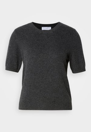 Donkergrijze sweater met korte mouwen, gemaakt van een zachte, gestructureerde breipunto. Heeft een ronde hals en een iets relaxte pasvorm. Eenvoudig, strak ontwerp.