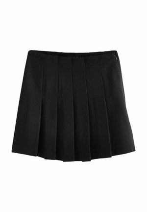 Minifalda negra plisada con cinturilla recta y cierre lateral con cremallera oculta.