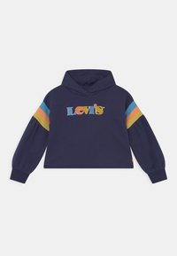 Mörkblå hoodie med flerfärgad "Levi's" logotyp på framsidan och blå, orange och gula ränder på varje ärm, långa puffärmar med manschetter.