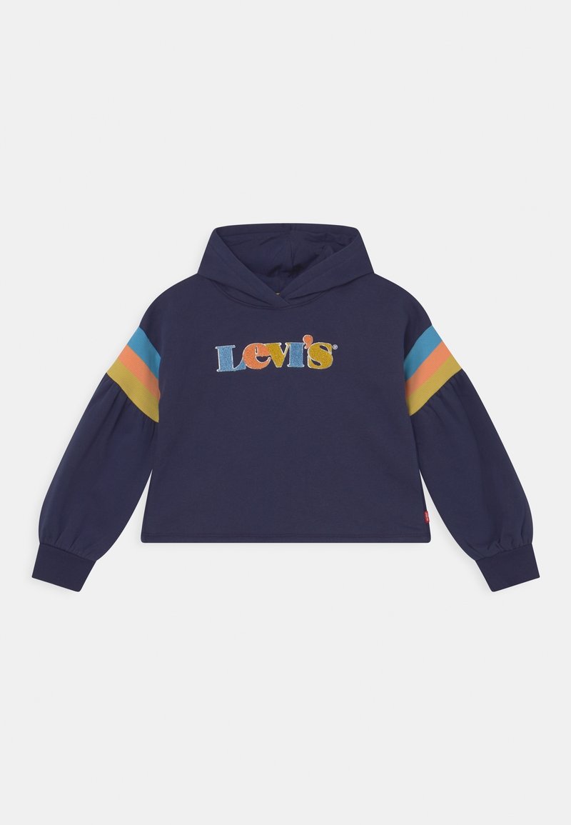 Mörkblå hoodie med flerfärgad "Levi's" logotyp på framsidan och blå, orange och gula ränder på varje ärm, långa puffärmar med manschetter.