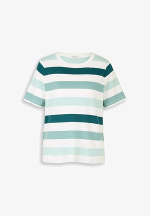 Lühikeste varrukatega ümara kaelusega pluus, millel on laiad horisontaalsed triibud valges, sinakasrohelises ja helesinisel ühtlasel taustal.