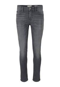 Šedé džíny z denimu s úzkým střihem, vybavené klasickým designem s pěti kapsami a zapínáním na knoflík. Látka má jemnou texturu.