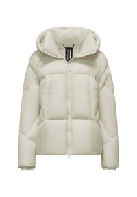 Giacca puffer grigia chiara con cappuccio, dotata di zip frontale, texture trapuntata e polsini elasticizzati. Etichetta del marchio visibile all'interno del colletto.