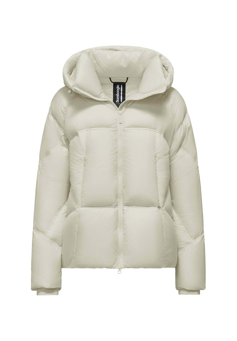 Giacca puffer grigia chiara con cappuccio, dotata di zip frontale, texture trapuntata e polsini elasticizzati. Etichetta del marchio visibile all'interno del colletto.