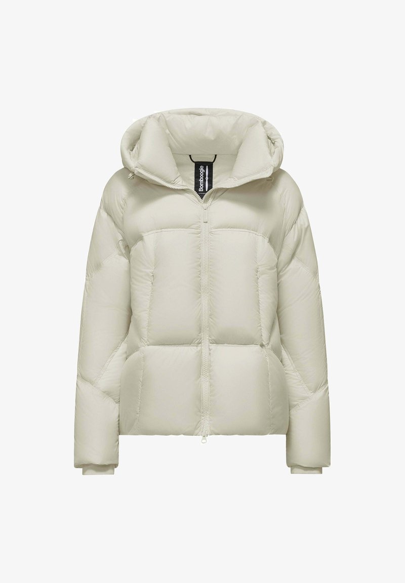 Lichtgrijze pufferjack met capuchon, voorzien van een rits aan de voorkant, geborduurd textuur en elastische manchetten. Merklabel zichtbaar in de kraag.