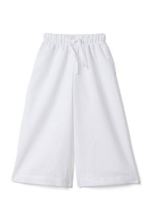 Pantalon blanc à jambes larges et coupé, avec ceinture élastique et cordon, en tissu doux, posé à plat sur fond blanc.