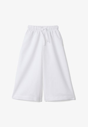 Pantalon blanc à jambes larges et coupé, avec ceinture élastique et cordon, en tissu doux, posé à plat sur fond blanc.