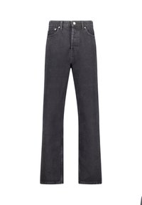 Mustat farkut suoralla lahkeella ja korkealla vyötäröllä, viisi taskua ja hopeanväriset yksityiskohdat; sileäpintainen kangas, jossa on hieman haalistunut pinta.