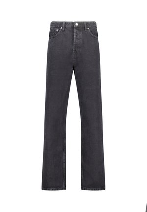 Zwarte denim rechte jeans met een hoge taille, vijf zakken en verchroomde accenten; een gladde textuur met een lichte vervaging.