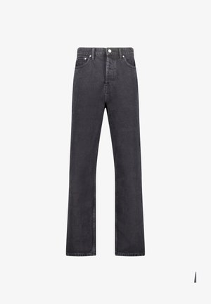 Zwarte denim rechte jeans met een hoge taille, vijf zakken en verchroomde accenten; een gladde textuur met een lichte vervaging.