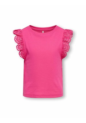 Jasnoróżowa bluzka bez rękawów z okrągłym dekoltem i falbankami z ażurowej koronki na ramionach.