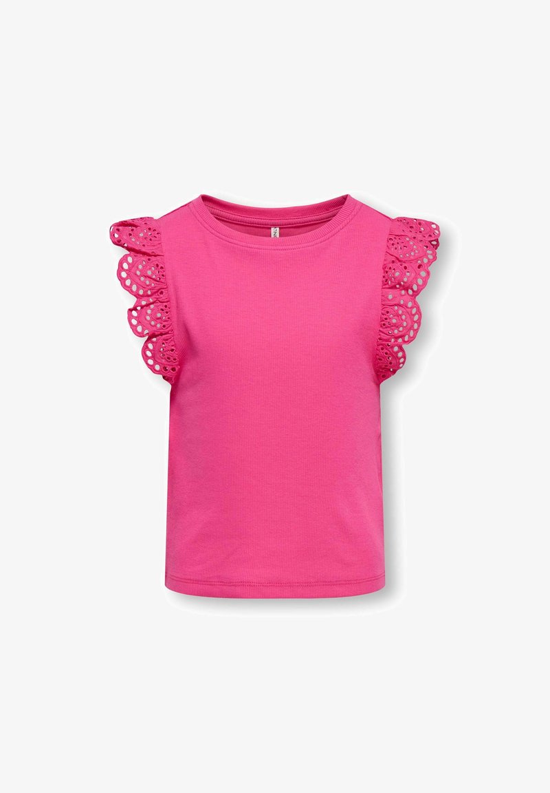 Φούξια αμάνικο τοπ με στρογγυλή λαιμόκοψη και λεπτομέρειες δαντέλας με τρύπες στους ώμους.