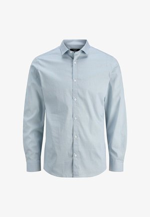 Svetlomodrá košeľa s dlhým rukávom na gombíky, ktorá má malý bodkovaný vzor, golier a rovný lem. Vyrobená z hladkej tkaniny.