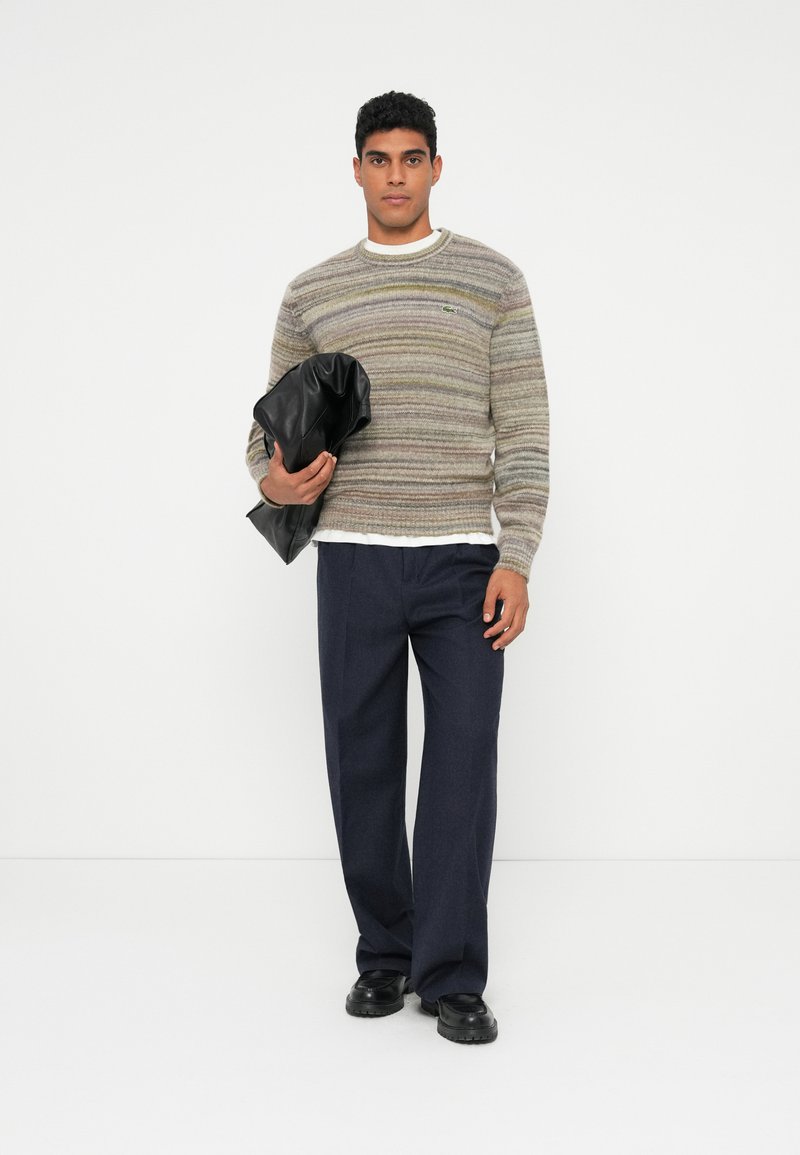 Multicolored knit sweater with a crew neck, paired with navy tailored pants and black slip-on shoes. Holding a black leather bag.