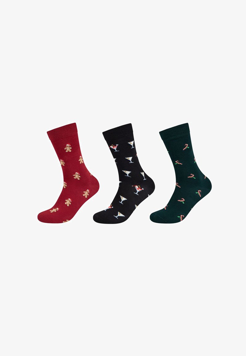 Drei Paar Socken: rot mit Lebkuchenmännern, schwarz mit Martinigläsern und grün mit Zuckerstangen. Alle sind aus Baumwolle und haben eine mittellange Länge.