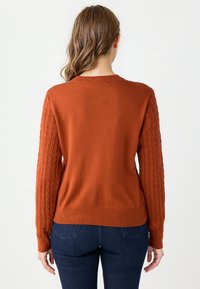 Pull en couleur rouille avec un corps lisse et des manches en tricot torsadé, avec des poignets et un ourlet à côtes, conçu pour une coupe près du corps.