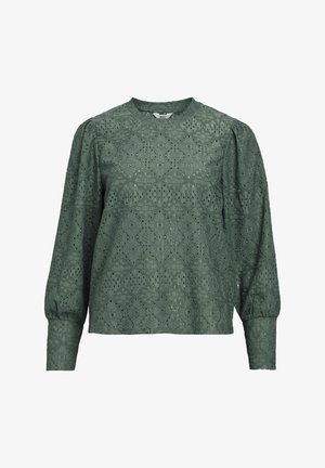 Grüne, strukturierte Bluse mit rundem Ausschnitt, langen Puffärmeln und einem filigranen Muster aus Ausschnitten im gesamten Stoff.