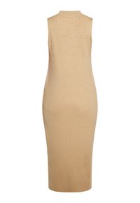 Beige ribbed midi mekko, jossa on korkea kaulus, hihaton muotoilu ja sileä rakenne, ja joka tarjoaa vartalonmyötäisen siluetin ja polvenpituisten helman.