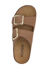Brown leather slide sandal with two adjustable straps, gold buckles, and a cushioned insole featuring embossed brand logo.