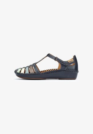 Navy blue leather sandal with open design, featuring multicolored horizontal straps. Includes an adjustable strap and textured sole.