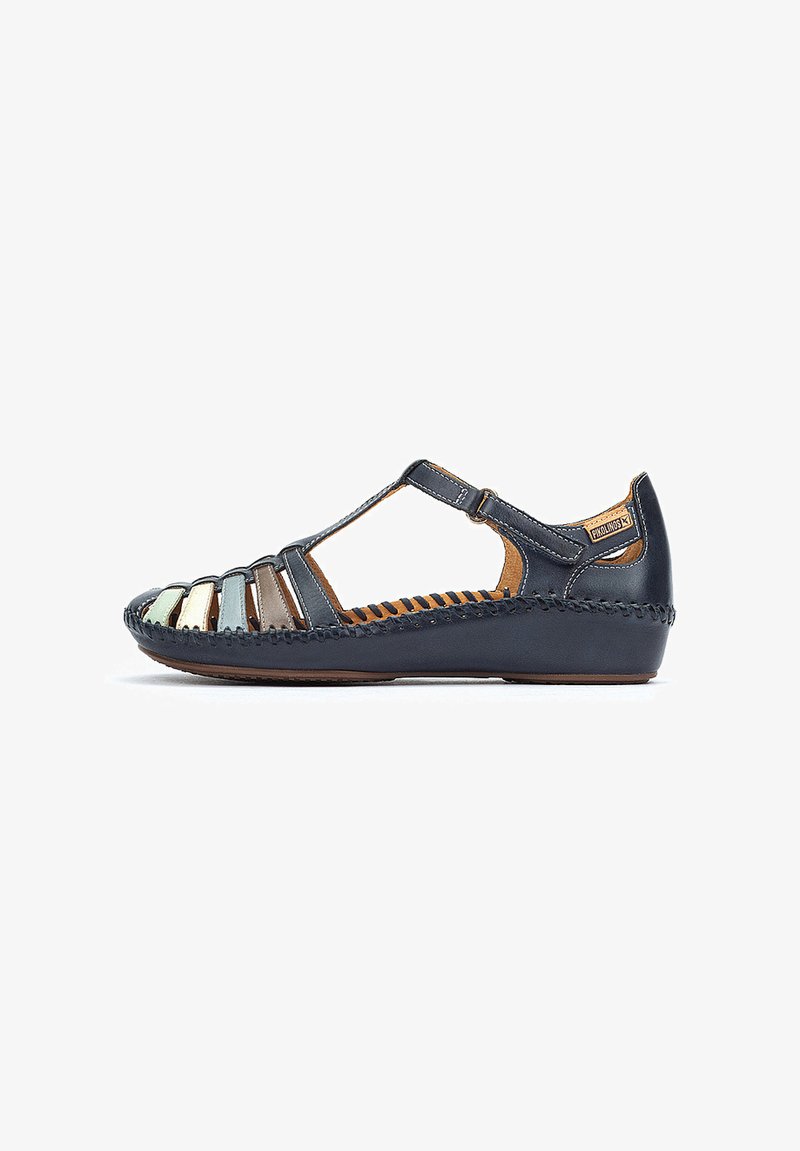 Navy blue leather sandal with open design, featuring multicolored horizontal straps. Includes an adjustable strap and textured sole.