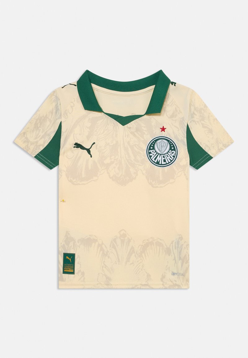 Puma Palmeiras Fußballtrikot, cremefarben mit grünen Akzenten, mit einem V-Ausschnitt, floralem Muster, Logo auf der Brust und Etiketten am Saum.