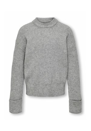 Grauer ribbelig gestrickter Pullover mit hohem Kragen, langen Ärmeln sowie ribbeligen Bündchen und Saum. Hergestellt aus weichem, strukturiertem Stoff für Wärme.