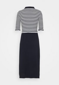 Abito al ginocchio con parte inferiore blu navy e strisce orizzontali bianche sulla parte superiore, caratterizzato da un colletto e bordi delle maniche a onda.