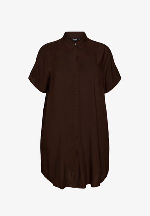 Dark brown short-sleeve button-up shirt dress with collar, loose fit, and rounded hem, displayed on white background.