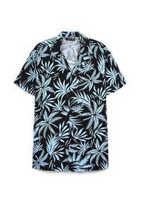 Camicia a maniche corte in tessuto nero con motivo di foglie tropicali azzurro chiaro. Design con bottoni e colletto a punta.