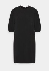 Robe noire avec un col rond, des manches courtes bouffantes et une silhouette droite. Fabriquée en tissu lisse avec un design minimal.