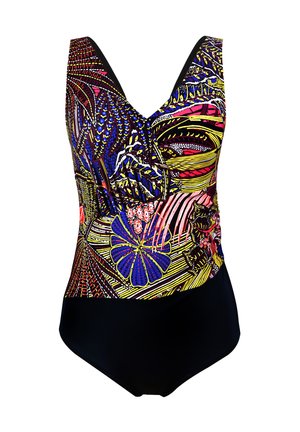 Jednoczęściowy strój kąpielowy z żywym, wielokolorowym nadrukiem kwiatowym i abstrakcyjnym, czarną dolną częścią oraz głębokim dekoltem w kształcie litery V.