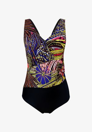 Jednoczęściowy strój kąpielowy z żywym, wielokolorowym nadrukiem kwiatowym i abstrakcyjnym, czarną dolną częścią oraz głębokim dekoltem w kształcie litery V.