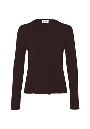 Bruin top met lange mouwen in een ribstructuur en een ronde hals. Het ontwerp heeft een rechte zoom en een minimalistisch logolabel bij de halslijn.