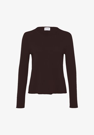 Bruin top met lange mouwen in een ribstructuur en een ronde hals. Het ontwerp heeft een rechte zoom en een minimalistisch logolabel bij de halslijn.