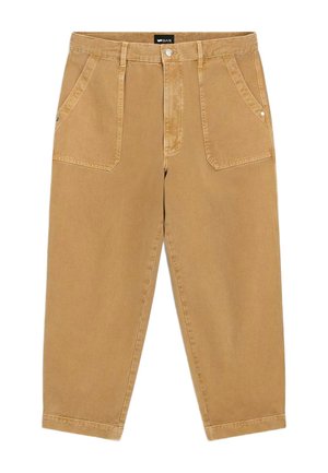 Beige Hosen mit weitem Bein, großen vorderen aufgesetzten Taschen, Gürtelschlaufen und einem Knopfverschluss.