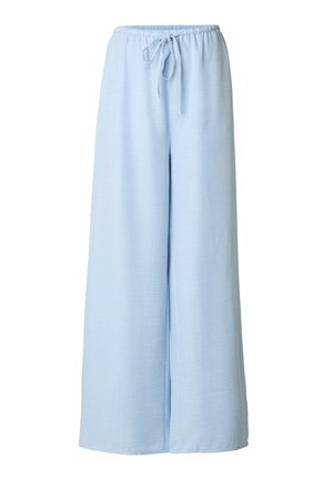 Šviesiai mėlyni plačios kojų kelnės su elastinga juosmens juosta ir raišteliu, pagamintos iš minkštos, tekstūruotos medžiagos.