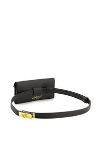 Schwarze Leder-Gürteltasche mit strukturiertem Finish, goldenen Beschlägen und einer Klappe mit "VENEZIA"-Logo. Verstellbarer Gurt für sicheren Sitz.
