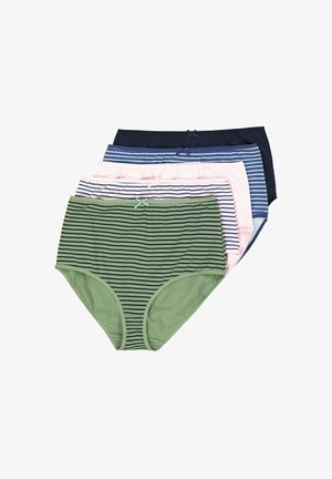 Cinq paires de slips en coton rayés de couleurs verte, bleue marine, rose et bleu clair, avec des nœuds et des ceintures élastiques.