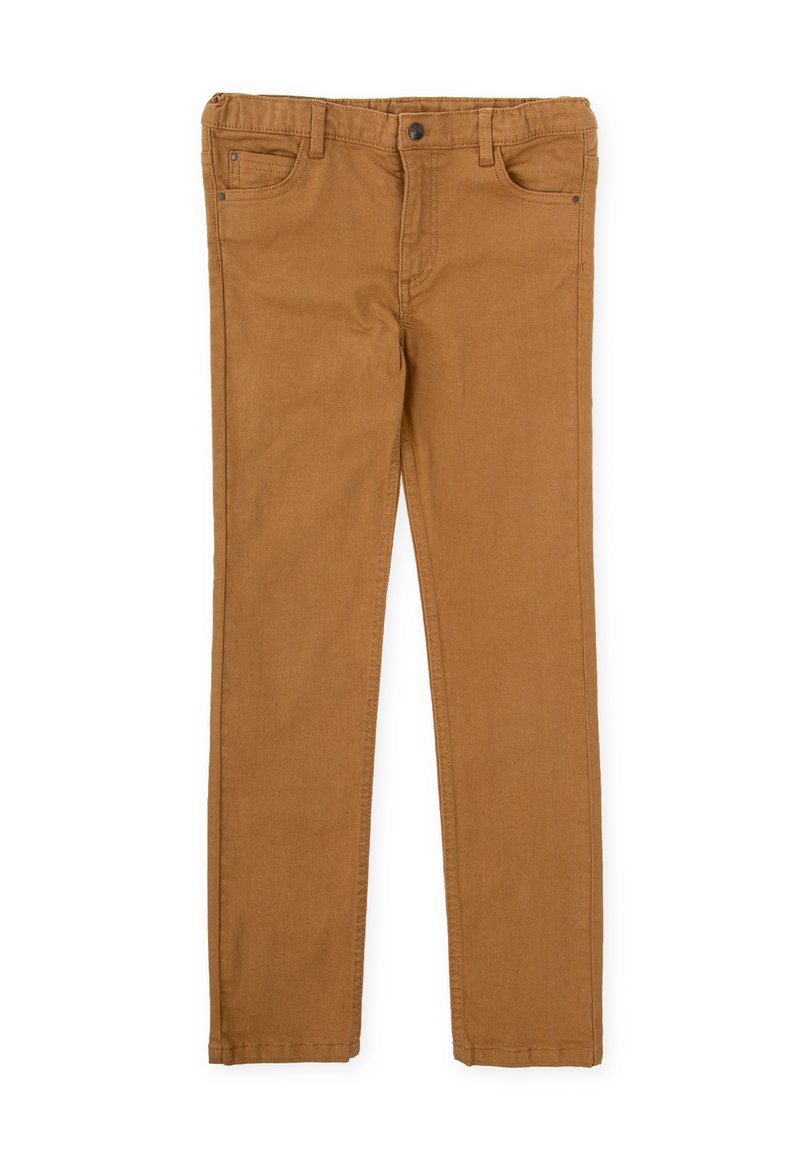Pantalons en coton marron à coupe droite, avec poches avant, fermeture à bouton et passants de ceinture. Texture lisse avec une couleur uniforme.