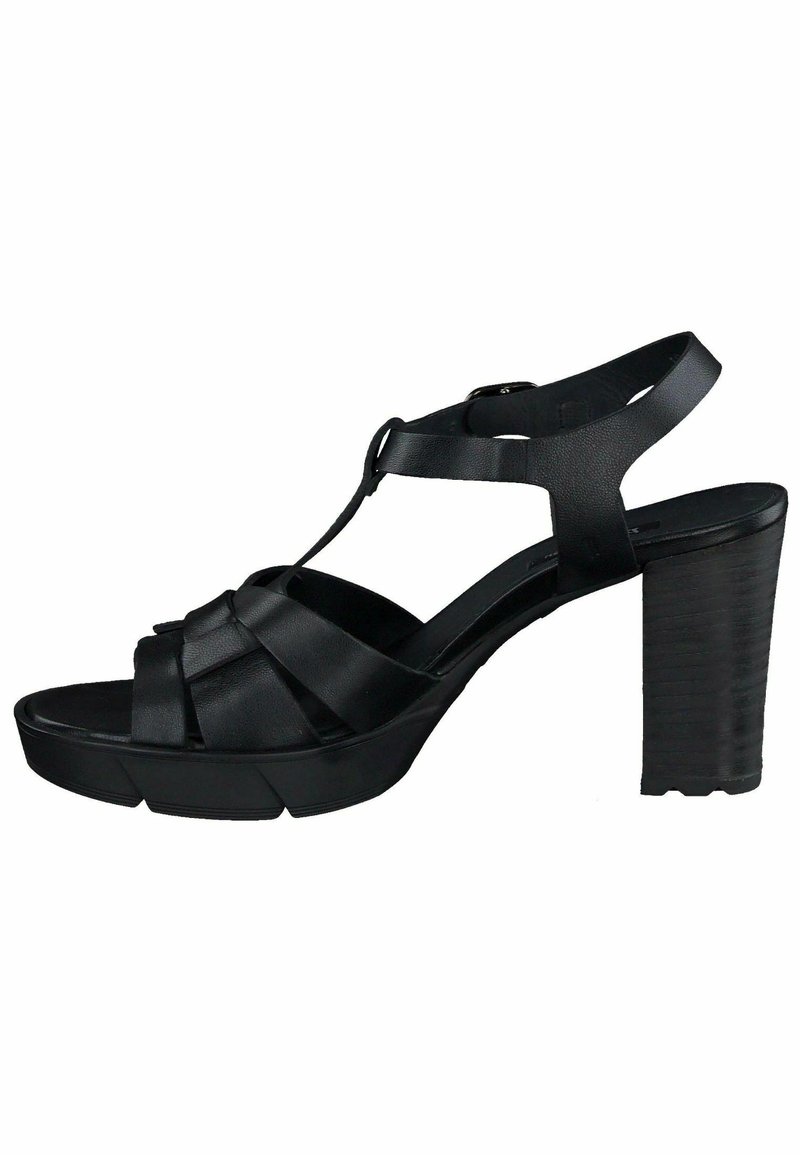 Sandalias negras de tacón con un diseño de tiras, que cuentan con un upper de cuero trenzado y un tacón bloque texturizado. Punta abierta y correa de tobillo ajustable.