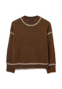 Brauner gestrickter Pullover mit weißem Kontraststich am Kragen und an den Bündchen, mit Rundhalsausschnitt und langen Ärmeln.