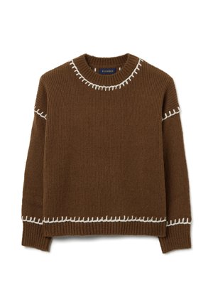 Maglione in tinta unita marrone lavorato a maglia con cuciture bianche a contrasto al colletto e ai polsini, caratterizzato da un collo rotondo e maniche lunghe.