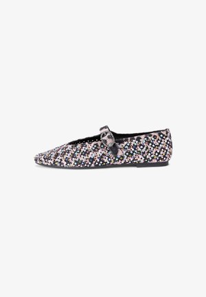 Sequined flat shoe in black, adorned with multicolored sequins. Features a pointed toe and a side strap with a circular buckle.