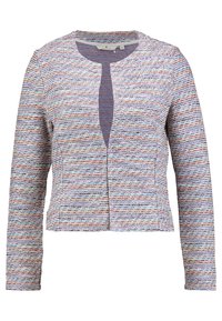 Veste courte texturée en tissu multicolore, avec des manches longues, un col rond et une ouverture sur le devant avec un subtil motif de couture.