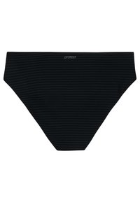 Mustat korkeavyötäröiset bikinialaosa, jossa hienovaraiset vaakaraitakuviot ja pieni "protest"-logo vyötärön keskellä.