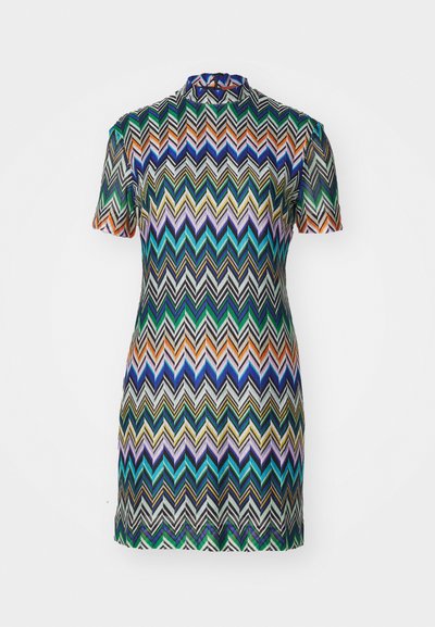 Short-sleeve dress featuring a high neckline, made from textured fabric with a multicolored zigzag pattern in green, blue, orange, and black.