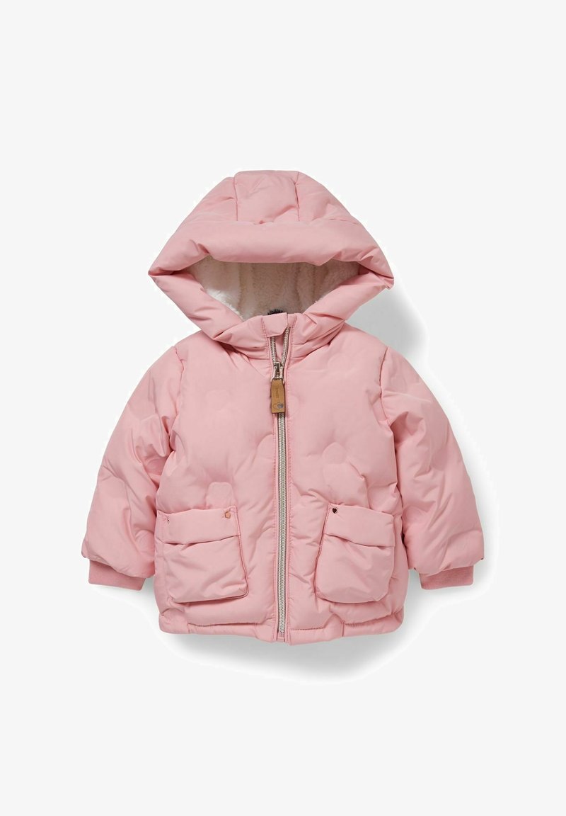 Giacca imbottita rosa con cappuccio, chiusura a zip e due tasche anteriori a toppa. Fodera interna in materiale morbido, con texture trapuntata.